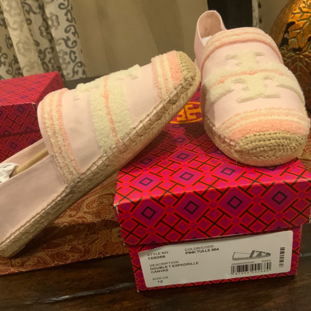 Tory Burch double t canvas espadrille in pink tulle, BNIB,MSRP$198, HTF - Picture 2 of 11
